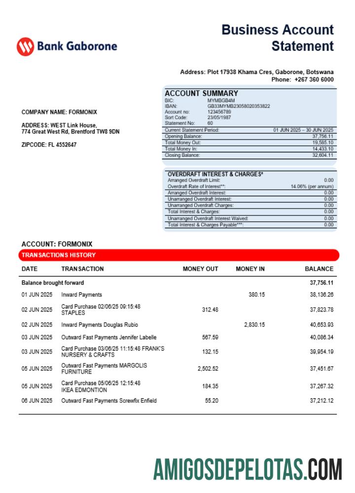 Declaração de empresa de negócios do Bank Gaborone em formato Word e PDF amostra